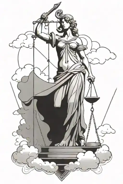 Lady Justice With Sword And Scale With Clouds Behind