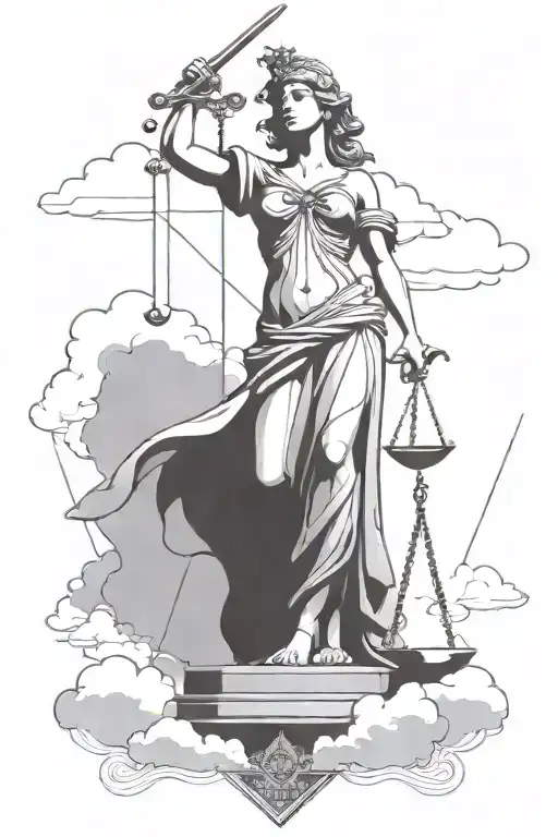 Lady Justice With Sword And Scale With Clouds Behind