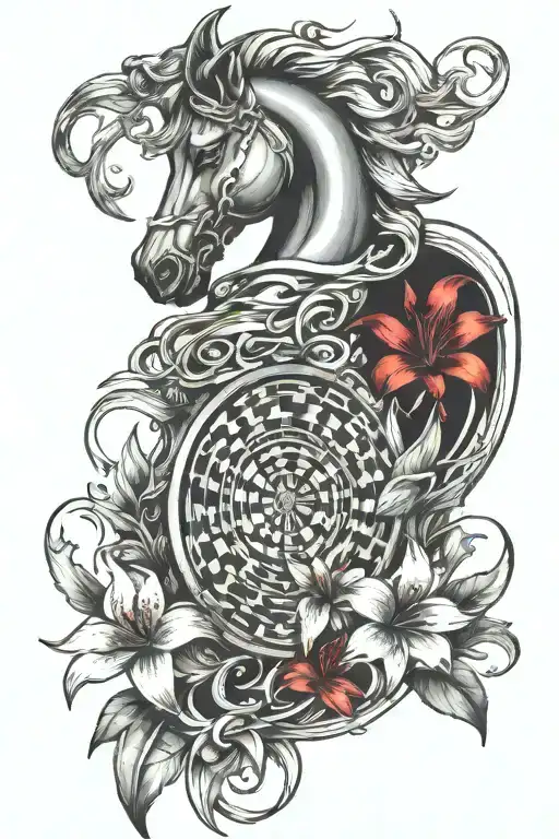 Create Tattoo For Biceps Which Includes Chess Knight Coin And Red Lily With The Flow For Full Arm