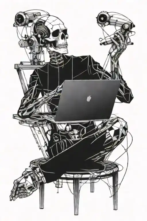 A Developer Skelaton Is Coding With Computer While Listening Music