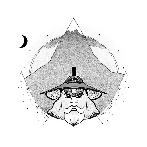 A Samurai On A Hill Wearing A Hat With A Red Moon In The Background