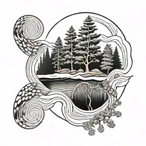 A Detailed Landscape Tattoo Of A River Winding Through A Forest Of Juniper And Yew Trees