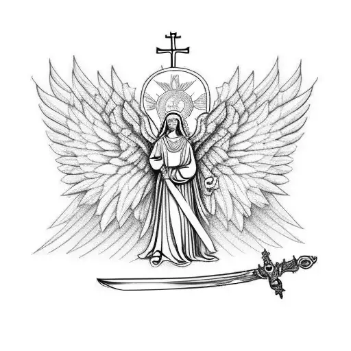 Catholic Angel Protector With Sword And Wings