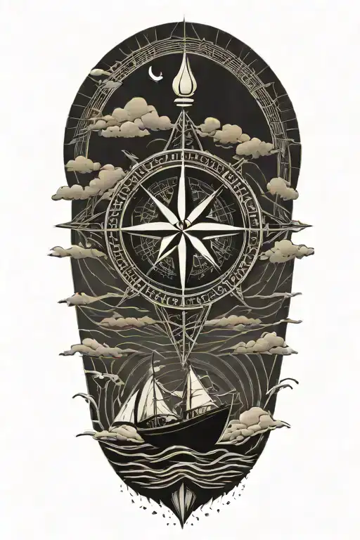 Compass Waves Boat Sun Clouds Floating