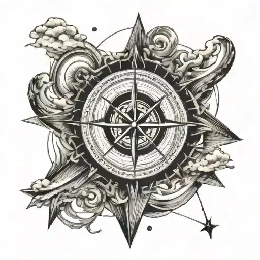 Compass Waves Boat Sun Clouds Floating