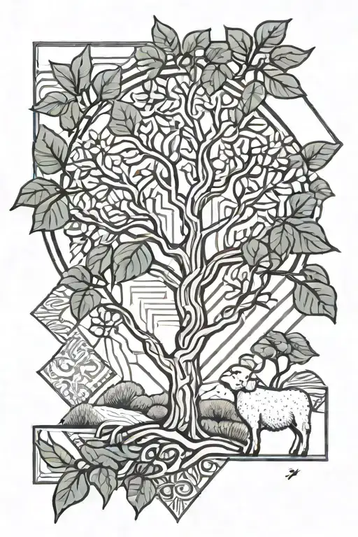 Tattoo Of A Fig Tree With A Small Sheep Resting Underneath