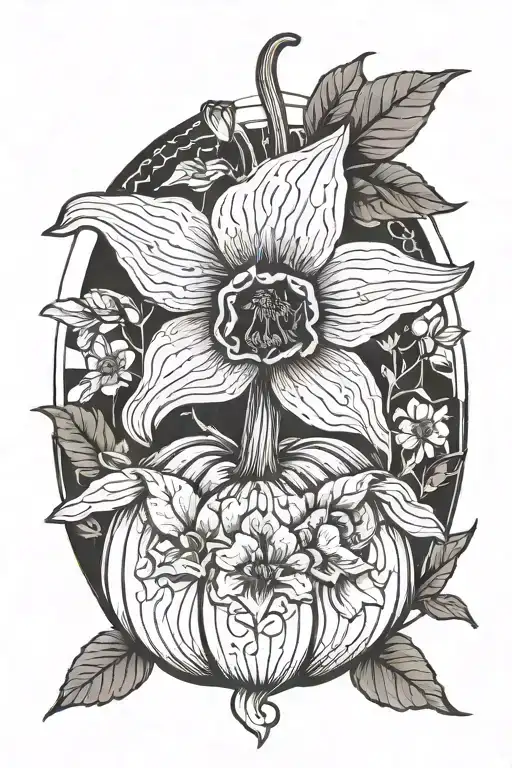 A Minimalist Tattoo Of A Pumpkin And Daffodil Combined To Represent The Client's Favorite Things