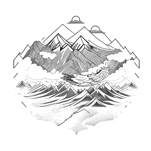 Mountain Range With River Flowing Through Valley And Eagle Flying