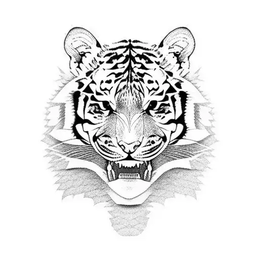 Half Tiger Face And Half Flowers Black And White
