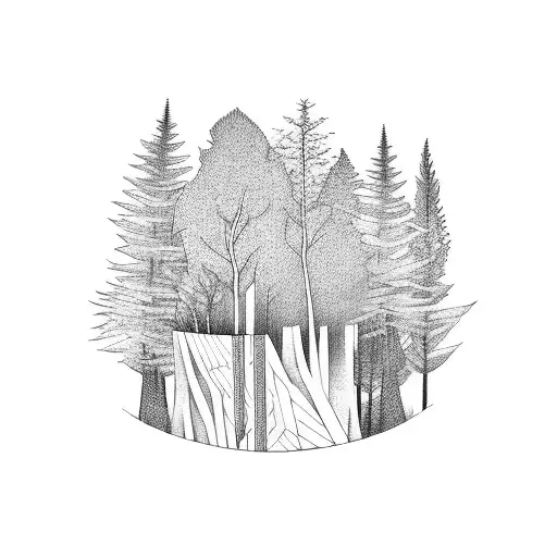 A Realistic Tattoo Of A Forest Scene With A Hidden Book Amidst The Trees