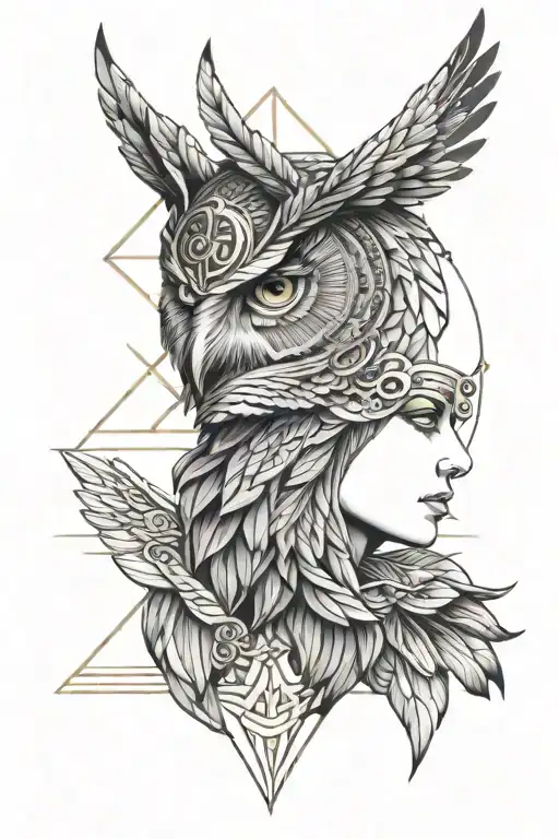 Half Face Of Owl And Athena Greek Goddess