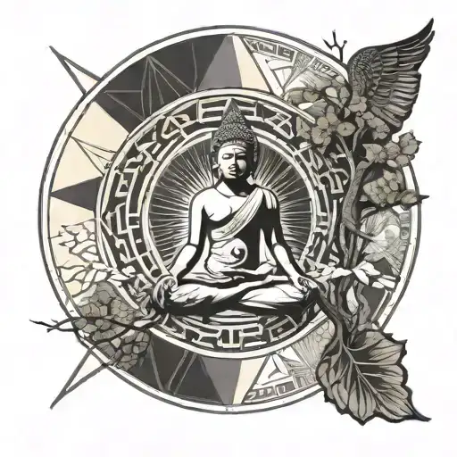 Icarus Rising Sun And Tree Of Life Buddha Meditating