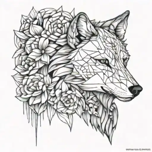 A Geometric Wolf Design Intertwined With Flowers To Symbolize Family And Protection