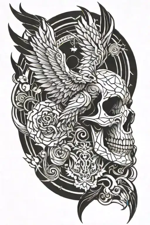 Skull Phoenix Tattoo Design Combining