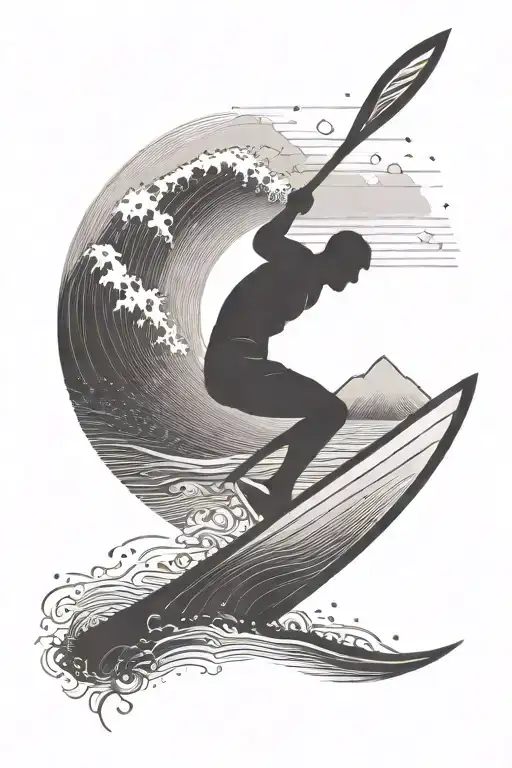 A Minimalist Tattoo Of A Windsurfer Riding A Wave With A Silhouette Of Mountains In The Background