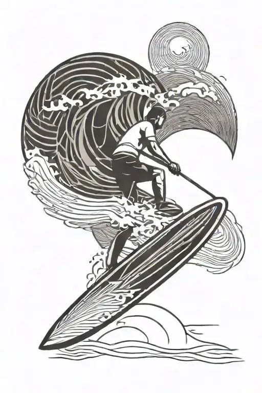 A Minimalist Tattoo Of A Windsurfer Riding A Wave With A Silhouette Of Mountains In The Background