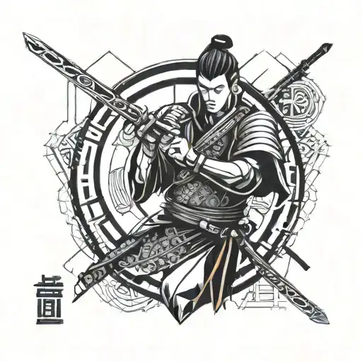 A Samurai Warrior Holding A Sword With Roman Numerals In The Background