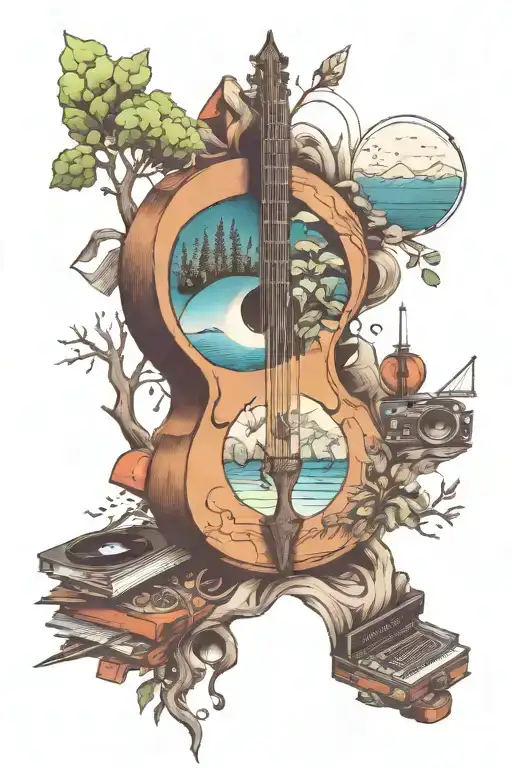 Music And Travel Tattoo Featuring Elements Like Trees