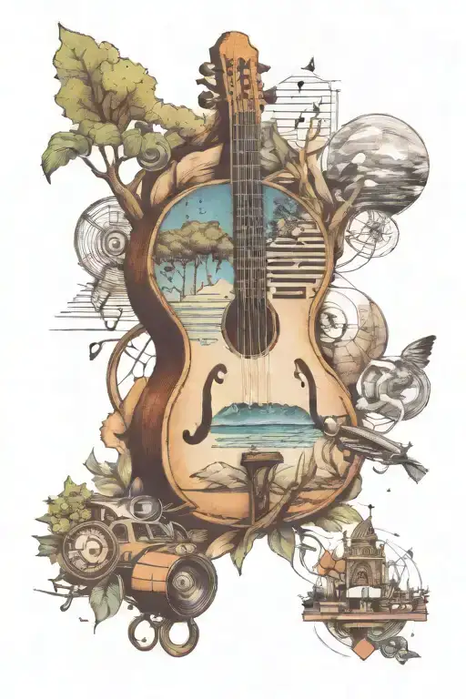 Music And Travel Tattoo Featuring Elements Like Trees