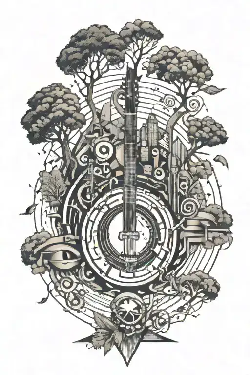 Music And Travel Tattoo Featuring Elements Like Trees