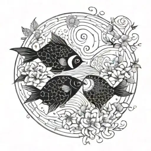 Pisces Swimming In Cheryyblossoms In Ying Yang Position