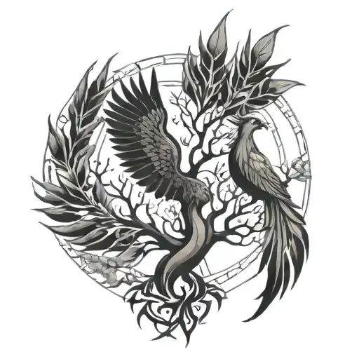 Tree Of Life And Phoenix Rising From The Ashes
