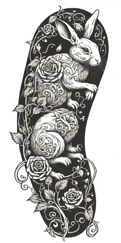 White Rabbit Stretching Out And Roses Intertwined With Vines Wrapped