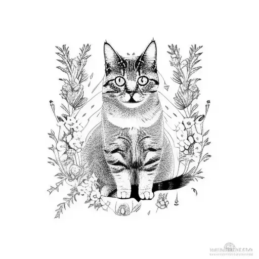 A Minimalist Black And Grey Design Featuring A Cat Sitting Amidst A Field Of Wildflowers