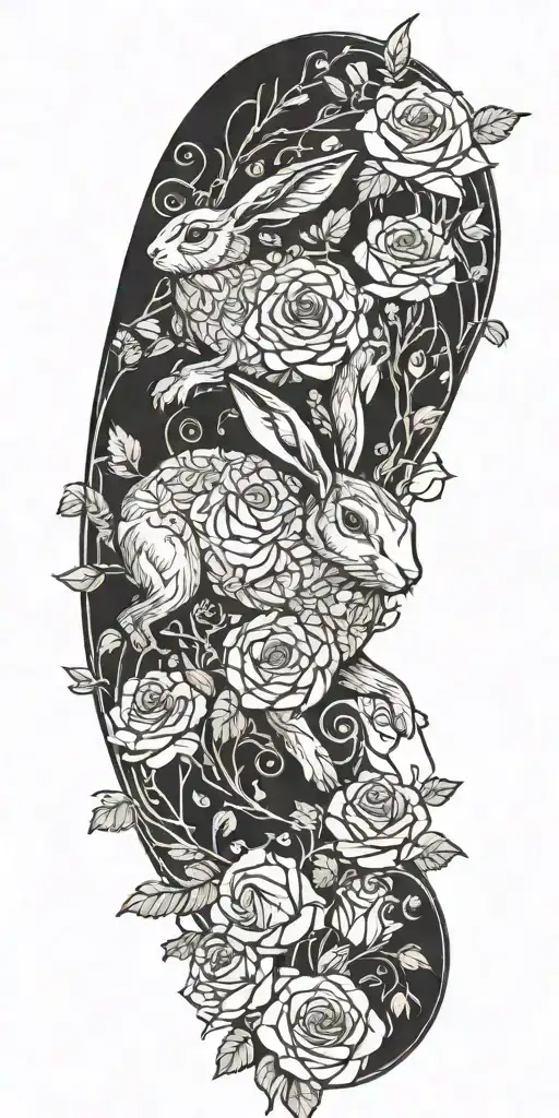 Rabbit Running And Roses Intertwined With Vines Wrapped