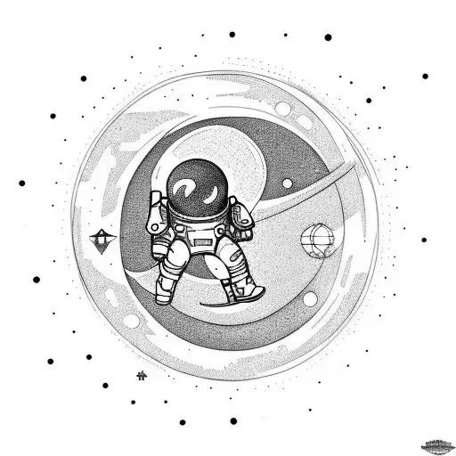 Fine Line Tattoo Style Of An Astronaut Sitting On A Round Moon Below Him