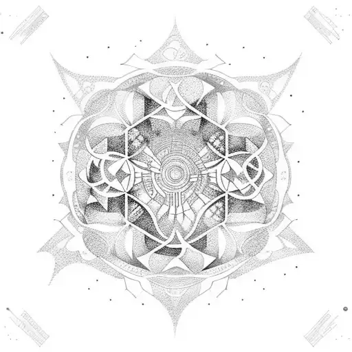 Create A Dotwork Tattoo Depicting A Futuristic Space Station Surrounded By Winter Scenery