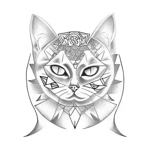 A Tribal-inspired Tattoo Of A Cat Surrounded By Gothic Symbols