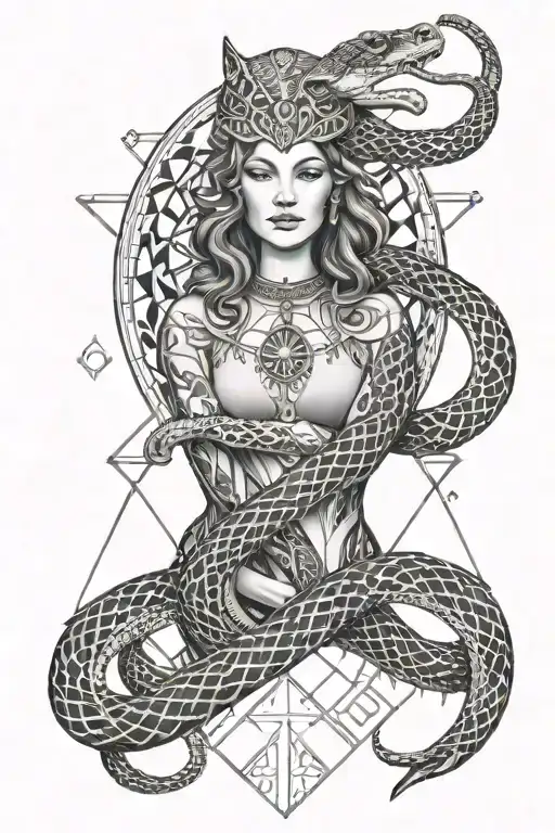 Snake Wrapped Around An Empress Tarot Card Surrounded By The Moon Phases