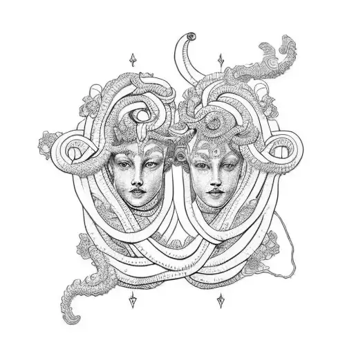 A Minimalist Tattoo Of A Medusa And Capricorn Portrait Surrounded By Intricate Floral Patterns