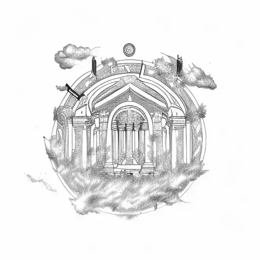 A Sketch-style Tattoo Of A Music Festival Stage With Roman And Greek Statues As The Performers