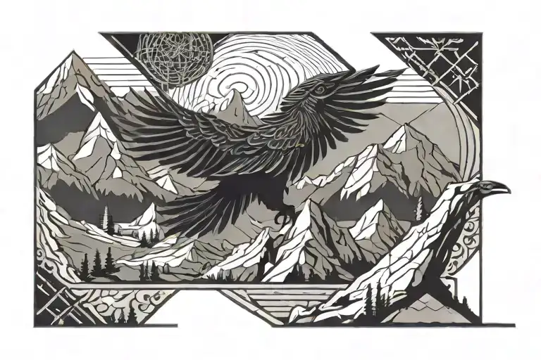 Sleeping Giant In Mountains Raven Flying Above Cross On The Mountain