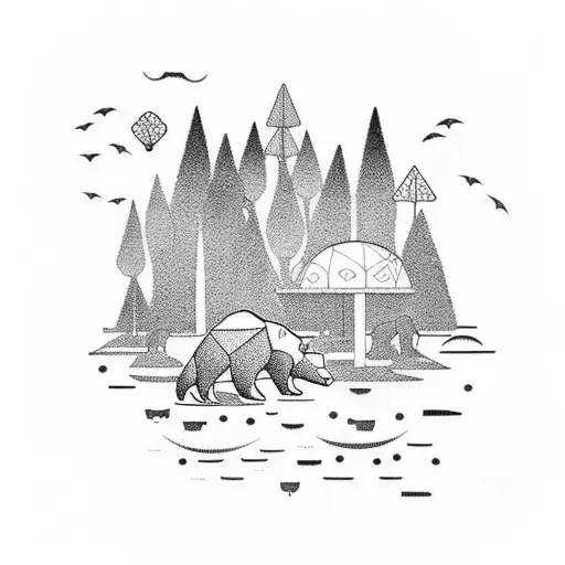 A Silhouette Walking Towards A View Of The Ocean From The Forest With Bears And Turtle In The Ocean