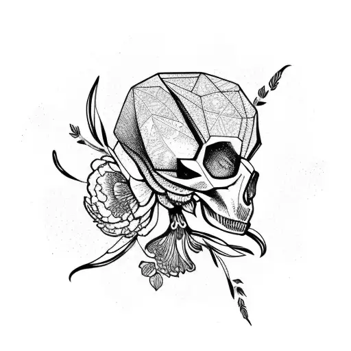 Ibex Skull Front View Surrounded By Peony Flowers