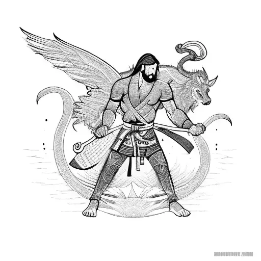 A Fantasy Scene With A Jiu Jitsu Warrior Battling A Mythical Creature