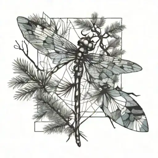 Dragonfly And Pine Tree Branches
