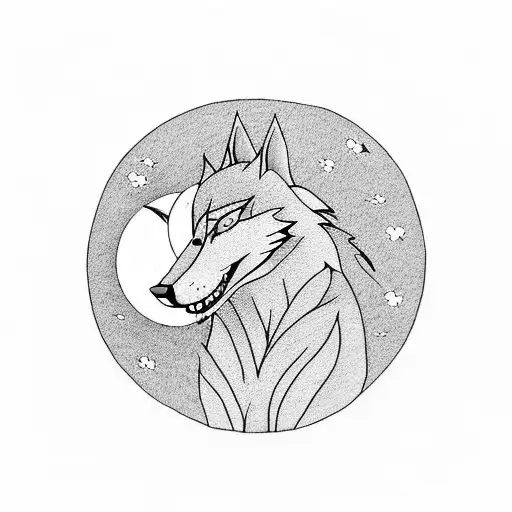 A Serene Night Scene Of A Lone Wolf Howling At The Moon In A Japanese Garden