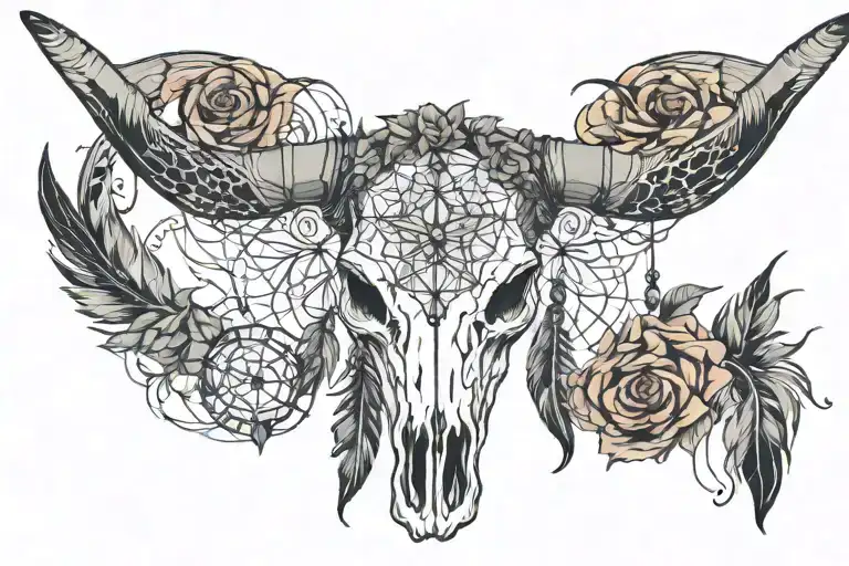 Longhorn Skull With Flowers And Dream Catcher With Feather On Each Side
