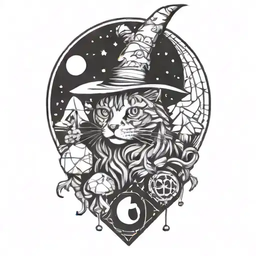Witch Cat And Moon And Mushrooms