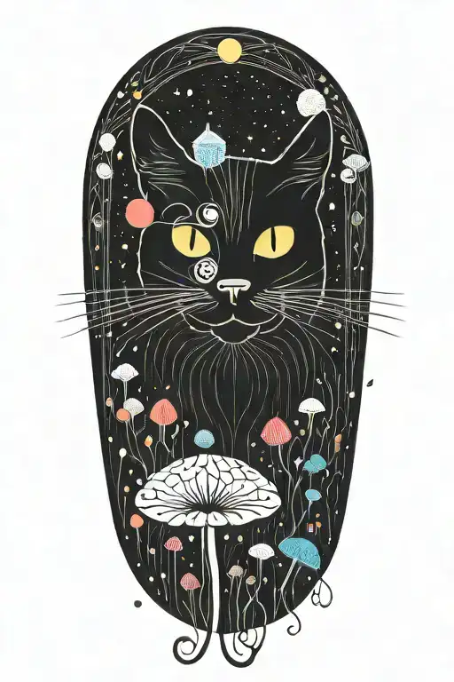 Black Cat With 3 Eye Balls And Trippy Colorful Mushrooms With Moon Melting
