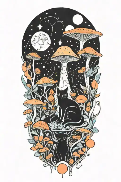 Black Cat And Trippy Colorful Mushrooms With Moon
