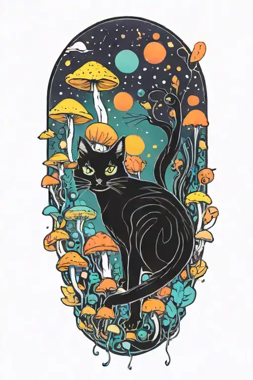 Black Cat And Trippy Colorful Mushrooms With Moon Melting