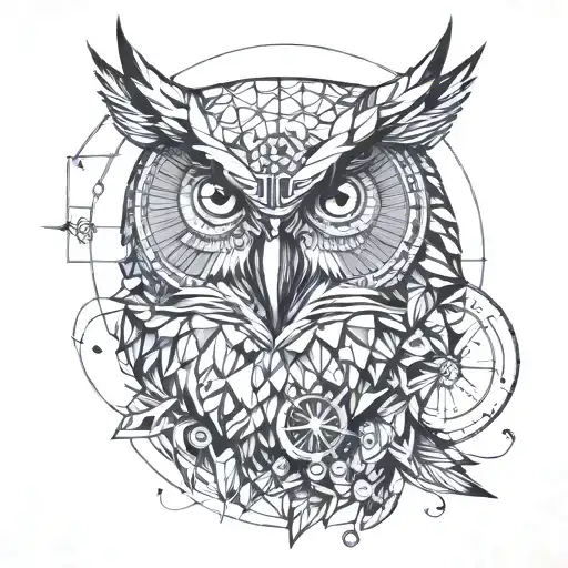 Owl Head With Compass And Moon In One Integrated Design