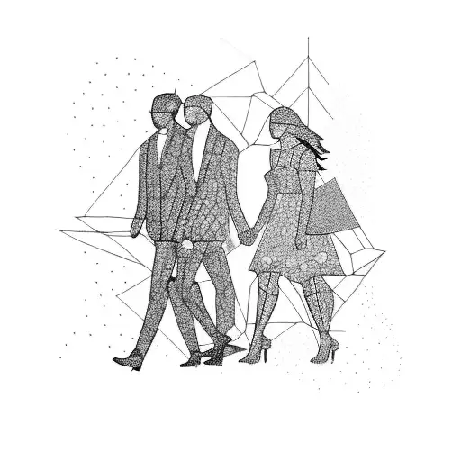 A Blackwork Design Featuring The Silhouettes Of Three Friends Walking Side By Side