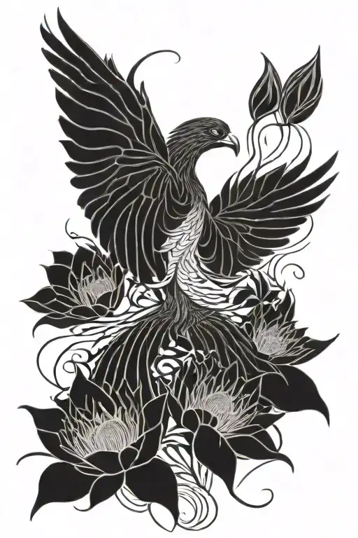 Phoenix Surrounded By Water Lilly Flowers