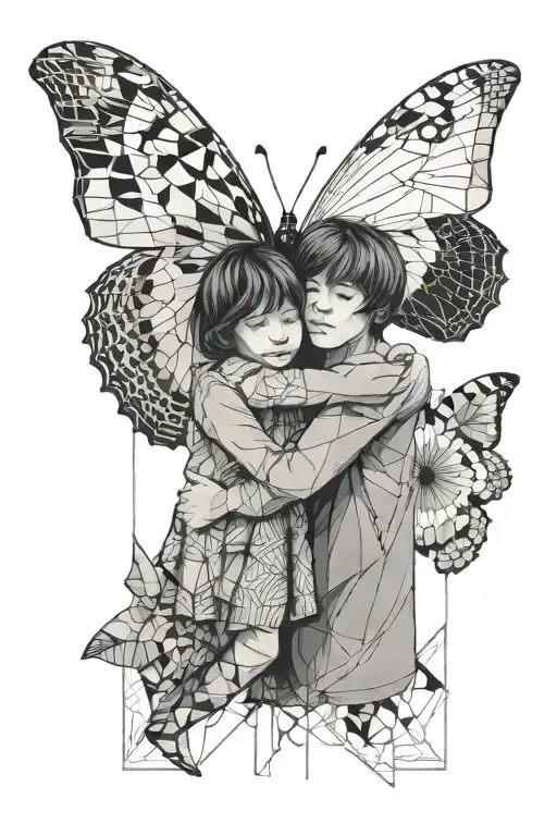 A Butterfly And A Little Boy With His Mother Hugging